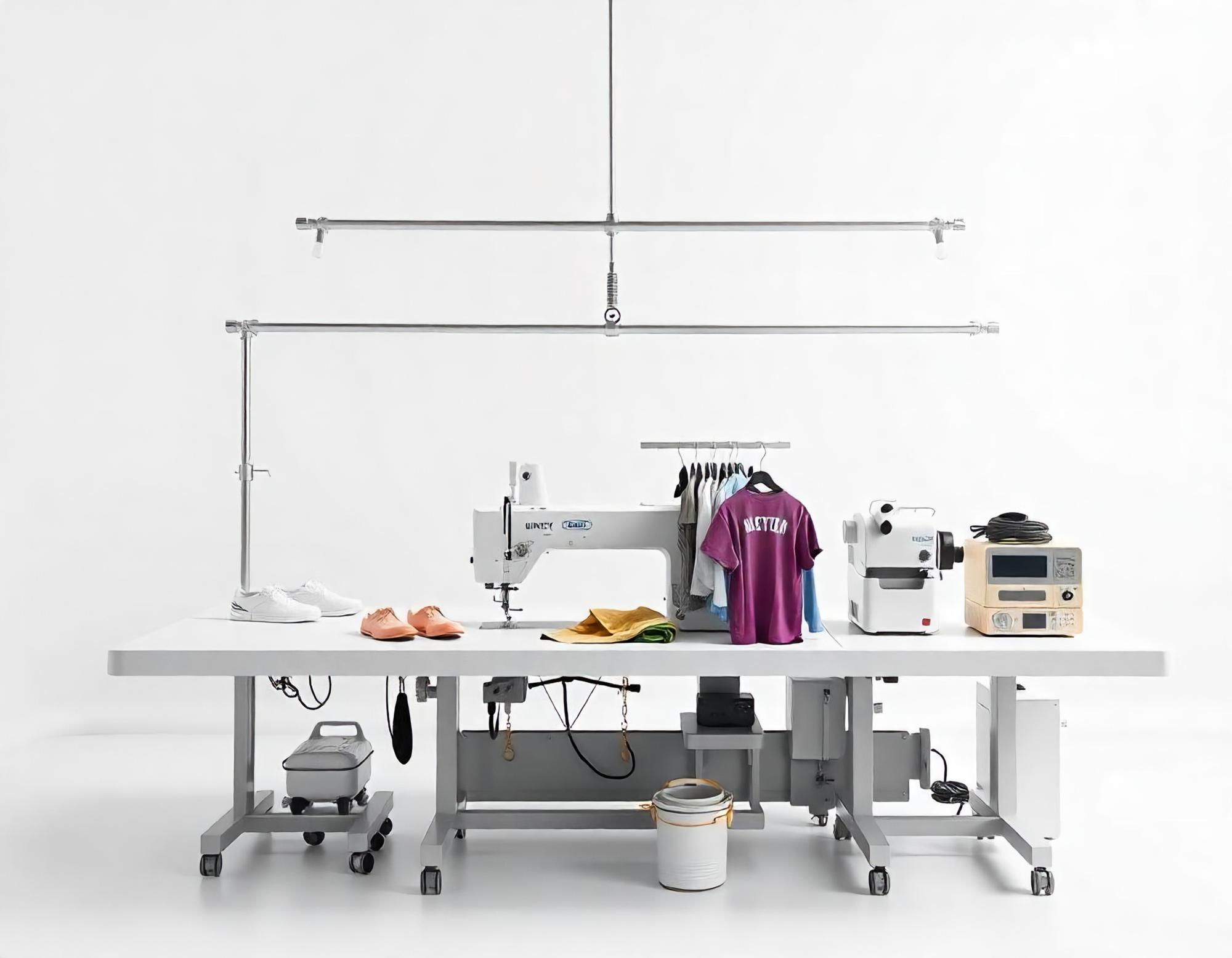 Workshop interior with embroidery machine and tools
